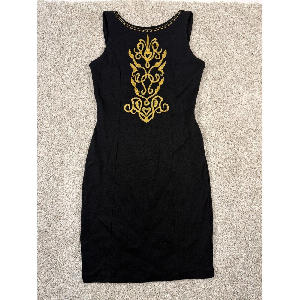 Andrea Jovine Black 100% Wool Sheath Dress Gold Embroidered Size M Vintage